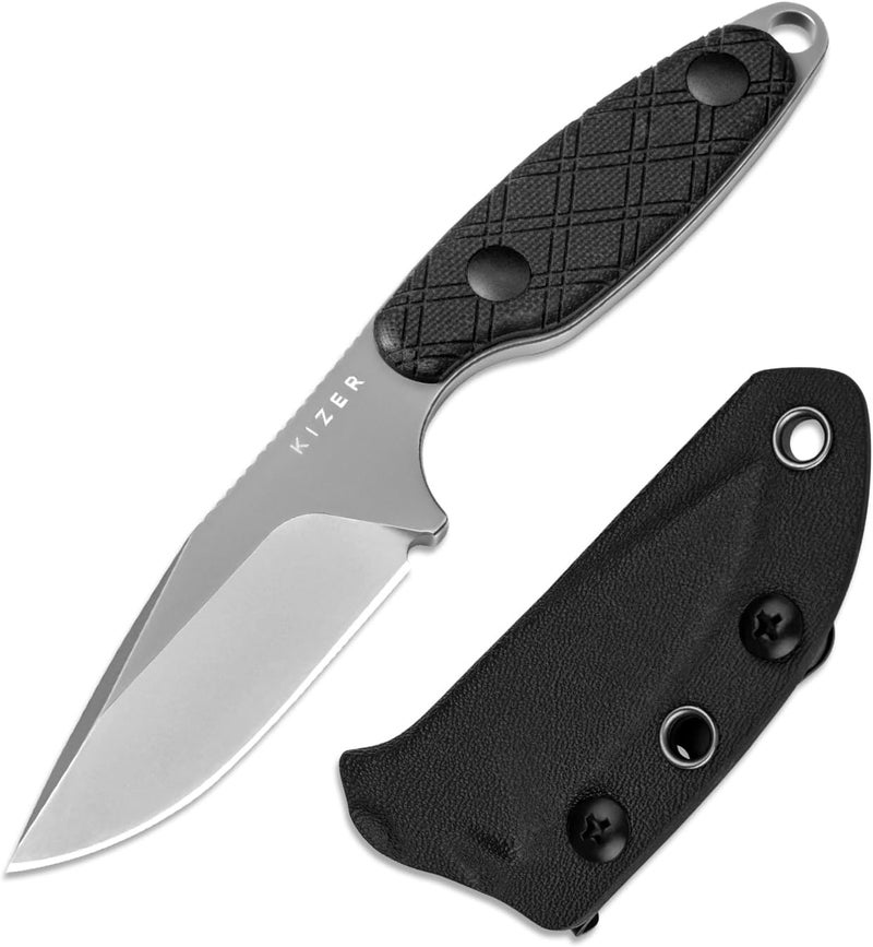 KIZER سكين موسكرات ثابتة الشفرة، 3.15 إنش شفرة D2 سكين EDC نمط أرجايل مقبض G10 أسود سكاكين عنق للرجال والنساء، سكاكين للصيد في الهواء الطلق، التنزه، البقاء، والتخييم مع غمد، 1064M3 - Image 1